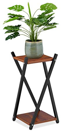 Relaxdays Blumenständer, 2 Etagen in Holzoptik, Metall, MDF, moderner Blumenhocker, 57 x 29 x 29 cm, schwarz/Dunkelbraun