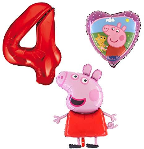Ballonset Peppa Wutz Pig 3 er Set Peppa Folienballon, Zahl 4 in rot, Peppa mit Teddy Herz