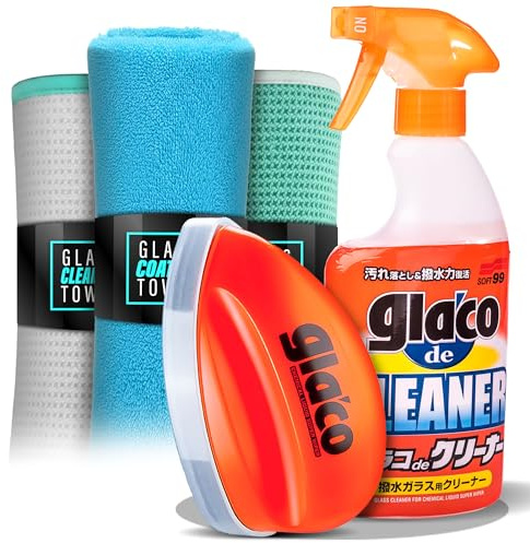 detailmate Autoscheiben Reinigung & Versiegelung Bundle: Soft99 Glaco de Cleaner Glasreiniger 400ml + Soft99 Glaco Q Scheibenversiegelung 75ml + 2x Waffeltuch + detailmate Poliertuch