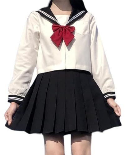 CICCB-DAMOY Nuovo di zecca Uniforme da Marinaio Uniforme da Studentessa Giapponese Abito uniforme JK, Cosplay di Halloween Carnevale Anime，camicia + gonna + papillon rosso (Bianco, XS / 140-150cm)