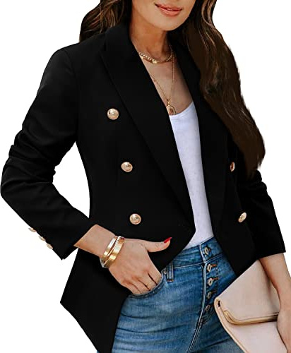 CRAZY GRID Womens Double Breasted Blazer Jackets Open Front Business Casual Suit Jacket Long Sleeve Dressy Blazer Lapel Gold Button Ladies Work Office Blazer Black Large