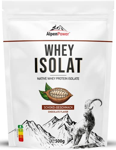 AlpenPower Whey Isolat Proteinpulver Schoko 500g - 100% natürliche Zutaten, ohne Süßstoffe – Grasfütterung - Hochwertiges Eiweißpulver aus bester Alpenmilch