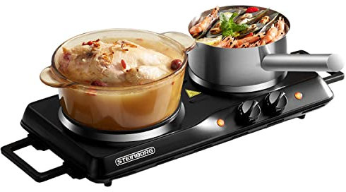 Steinborg Placa eléctrica doble de 2500 W para camping, 2 luces de control, protección contra sobrecalentamiento de cristal