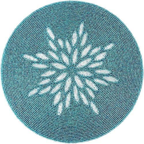 Alpha Living Home Beaded Table mat, Coffee Table Beaded mat, Placement mats for Dining Table Beaded, Round Beaded placemats, Beaded placemats for Dining Table - 13 inch Charger Plate - Teal Silver