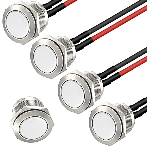 RUNCCI-YUN Mini Taster 12V Verriegelung Drucktastenschalter 16mm Rund Edelstahl 2A/12V/24V/125V/250V mit Draht Arduino Einbau (Flachkopf)