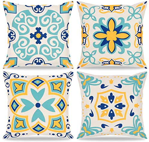 UXORSN Set of 4 Outdoor Waterproof Throw Cushion Covers 45x45cm Boho Decorative Square Pillow Covers Geometric Floral Printed Linen Pillowcases for Garden Bench Sofa Balcony Farmhouse Decor