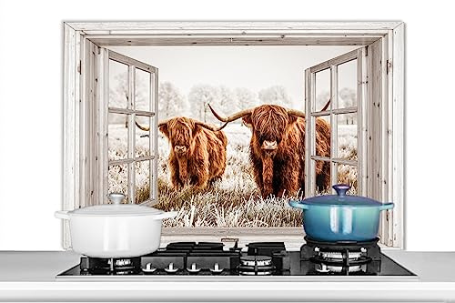 KitchenYeah© Fond de Hotte Aluminium Crédence Cuisine Décoration Murale | 100x65 cm - Crédence Plaque de Cuisson Anti Projection Vue transparente - Scottish Highlander - Animaux