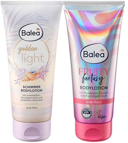 Balea 2er-Set Hautpflege: Golden Light Schimmerlotion goldener Glow mit Sheabutter, sommerlich-blumiger Duft, 200 ml + Körperlotion Fruity Fantasy fruchtiger Duft mit Mondsteinextrakt, 200 ml (400 ml)
