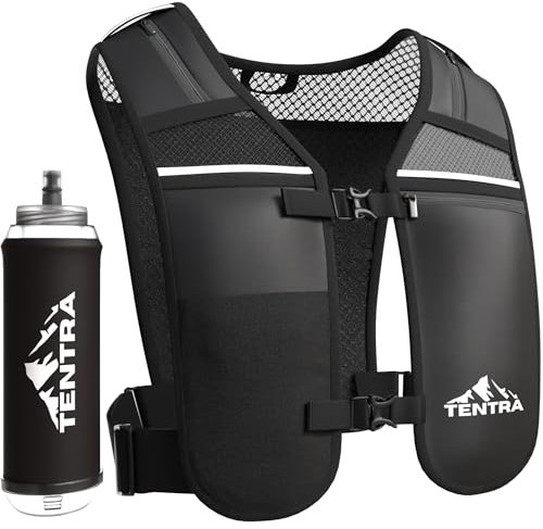 TENTRA Running Vest For Women Men With 500ml Water Bottle | Waterproof Phone Holder | Unisex Adjustable Reflective Vest | 8 Pockets, Lightweight Running Hydration Vest | Running Accessories