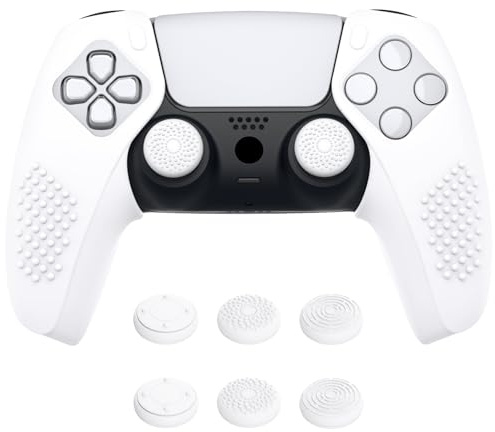 PlayVital Silikonhülle für PS5 Controller, Anti-Rutsch Hülle Case | Anti-Rutsch Skin Cover, Ergonomische Griffe, Weiches Silikon, 3D Noppen Edition, 6 Stick Aufsätze Kappen, Weiß