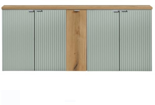 Lomadox Mobile doppio lavabo 140 cm, verde e rovere, parte anteriore scanalata, montaggio sospeso, profondità 40 cm