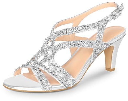 PIZZ ANNU Womens Sandals Sparkly Rhinestones Strappy Kitten Heels Ladies Wedding Shoes for Women Bride Slingback Summer Prom Party Silver Size 3