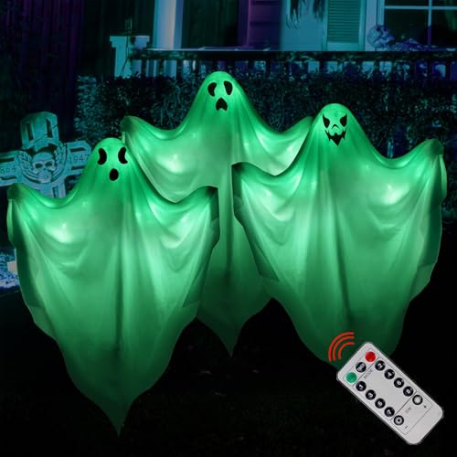 Johiux Halloween Geister Deko Garten Outdoor,3 Stück Halloween Geist Licht Pfahl,LED Geist Innenhof Lampenposten, Outdoor Horror hängende Zubehör für Rasen,Höfe,Terrassen und Spukhaus.