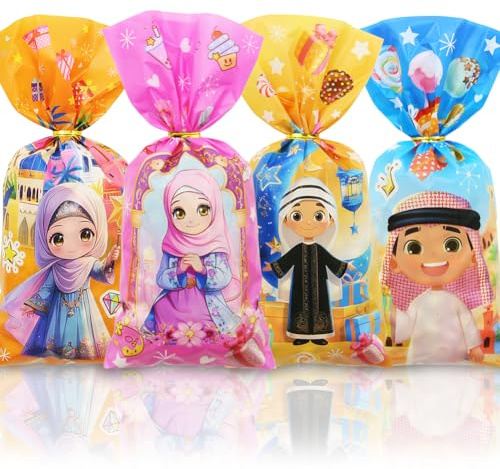 Eid Mubarak Zellophan-Leckerli, schöne muslimische Ramadan-Dekorationen, Cartoon-Druck, Goodie-Tüten, Süßigkeiten, Zellophan, Geschenktüten für Kinder, Jungen, Mädchen, muslimische islamische Eid