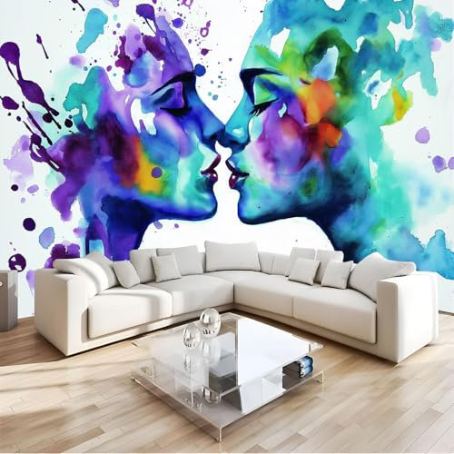 JEDTAKCT Carta Da Parati Effetto 3D Carta Da Parati Fotografica Acquerello Astratto Coppia Che Si Bacia In Tessuto Seta Per Soggiorno, Camera Da Letto, Sala Da Pranzo, Cucina,