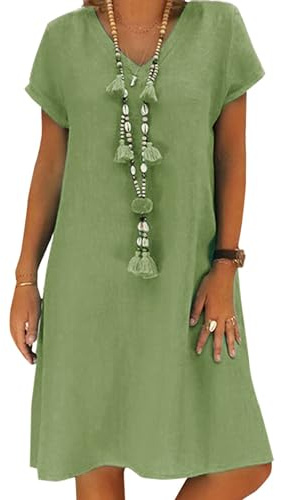 Kvruhuiy Women's Casual Summer Linen Dress Short Sleeve A-line Cotton V Neck Dress with Side Pockets Sundress Without Accessories S-3XL