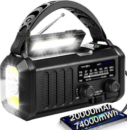 QAUYYW NOAA Emergency Weather Radio 74000mWh Solar Hand Crank (Black) | AM/FM/WB Power Bank 4 Power Options SOS Alarm 3 LED Flashlight & LED Reading Light for Outdoor Emergencies and Power Outage