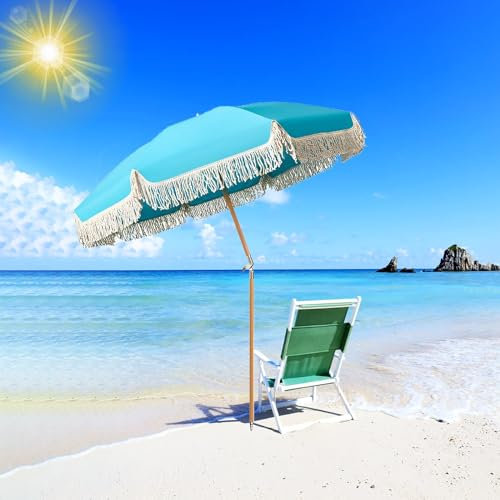 JNTFNE Parasol Boho Bleu de 1,8 m avec Franges, inclinable, Protection, Portable, étanche, avec Sac de Transport, pour Jardin, terrasse et arrière-Cour