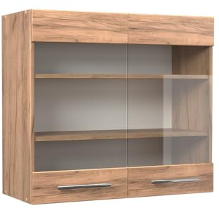 Vicco Küchenglasschrank Fame-Line, Goldkraft Eiche, 80 cm | 2 Türen · Soft-Close · Tiefe – 34,1 cm · Metallgriffe · ✓ Alles im Blick