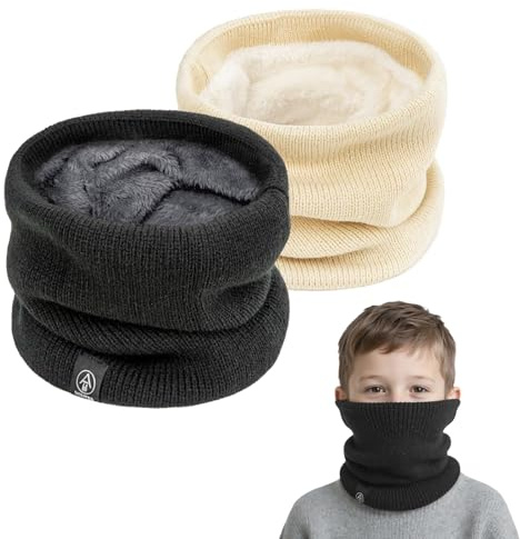 SEFIRST 2 Stück Winter Halsschlauch Schal Kinder, Schlauchschal Kinder, Loop Schal Halswärmer Nackenwärmer Gesichtsschal, Winddichte Thermo, Fleece Rundschal für Ski Fahrrad Joggen, Schwarz Beige
