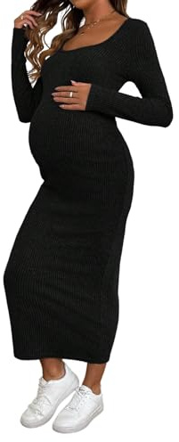 GORGLITTER Figurbetonade klänningar, damer, elegant stickad klänning för gravida kvinnor, långärmad klänning, midi, mammaklänning, enfärgad, fritidsklänning, höstoutfit, svart, XXL