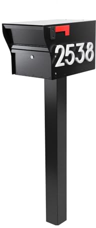 Whitehall MailVault Streetside Locking Mailbox with Post, Personalize with Modern Stand-Off Address Numbers Package – Steel, Secure Weather Resistant Modern Square Mailbox (Black/White)