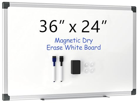 VUSIGN 36 x 24 Magnetic Whiteboard for Wall, Dry Erase Board with Silver Aluminum Frame, Hanging White Board for Office, Home, Classroom – Includes 1 Eraser, 2 Multicolor Markers & 4 Magnets