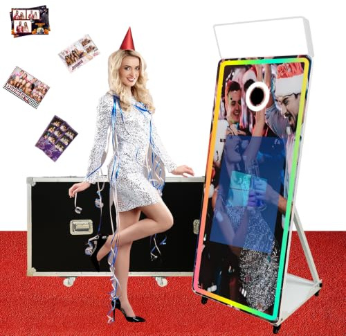 Appareil photo miroir magique avec écran tactile interactif, cabine photo reflex numérique, mini PC intégré, logiciel d'éclairage RVB et étui de vol pour événement, location, fête de mariage (blanc