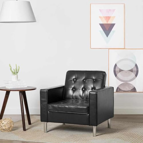 JHQHSM Elegante poltrona in ecopelle nera con decorazione a bottoni e braccioli extra larghi per soggiorno, ufficio, camera da letto, robusto telaio in MDF e piedini in acciaio robusti,