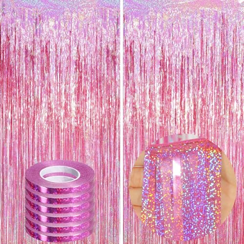 wenweo Lametta Vorhang Rosa 2.5x1m (2 Stück), Glitzervorhang Lametta ideal für Silvester, Karneval, Fasching, Hochzeit Deko, Partydekorationen und alle Arten von festlichen Dekorationen