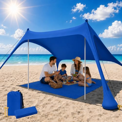 Tenda da Spiaggia UPF50+ con Tappeto, Parasole Antivento Portatile | Rifugio con Ancore di Sabbia e Aste in Alluminio, Facile Montaggio per Campeggio, Spiaggia e Picnic, 6.5X6.5FT Blu Scuro