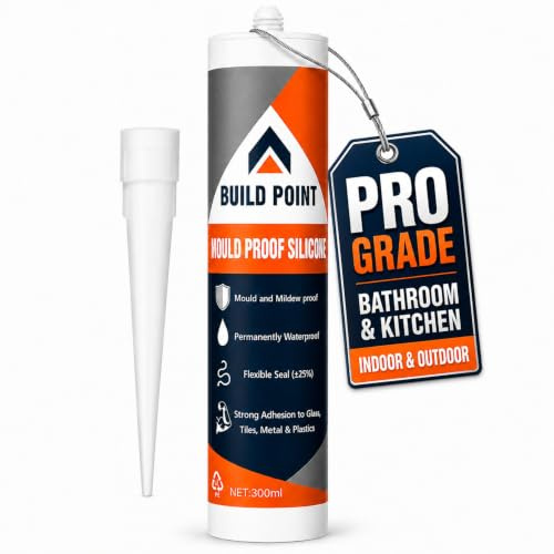 Build Point Mould Proof Silicone Sealant Strong Clear Waterproof Sanitary Silicone for Bathroom, Kitchen, Exterior, uPVC Windows, Shed, Anti Mould Shower Leak Sealing & Plumbing 300ml