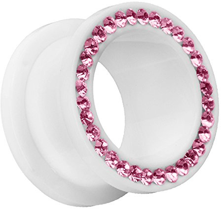 Piersando Flesh Tunnel Ohr Plug Piercing Ohrpiercing Schraub Ohrtunnel Kunststoff mit Strass Kristallen Weiß Pink 6 mm