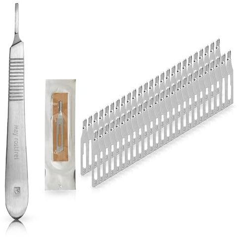 May Set: 50 Hohlmeißelklingen Fig. 3 & Halter flach | 50x sterile Hohlmeißelklingen Fig. 3 aus Karbonstahl inkl. Edelstahl-Halter mit flachem Griff