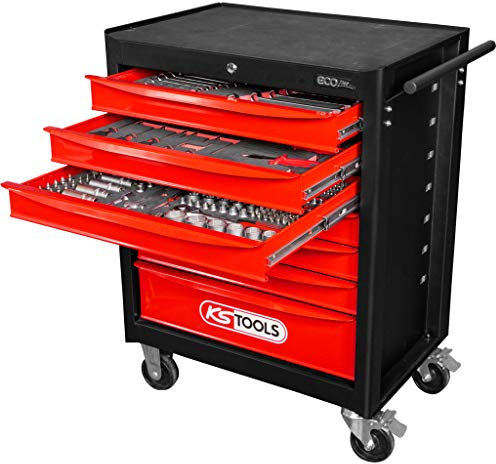 KS Tools 897.7215 Ecoline schwarz/rot Werkstattwagen mit 7 Schubladen und 215 Premium-Werkzeugen