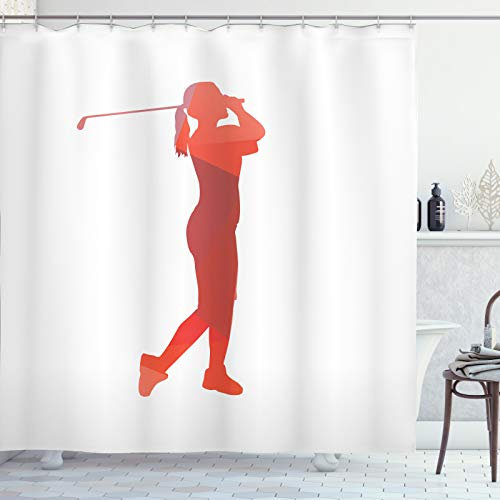 ABAKUHAUS Golf Duschvorhang, Silhouette Einer Frau Spieler, Stoffliches Gewebe Badezimmerdekorationsset mit Haken, 175 x 180 cm, Dunkle Koralle und Weiß