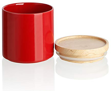 SWEEJAR Kitchen Canisters Ceramic Food Storage Jar, Stackable Containers with Airtight Seal Wooden Lid for Serving Ground Coffee, Tea, Sugar, Salt and More - 455 ml (Red)