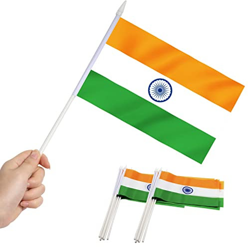 Anley India Mini Flag 12 Pack - Bandiere Indiane in Miniatura Piccole tenute in Mano su Bastone - Colori Vivaci e Resistenti allo sbiadimento - 5 x 8 Pollici con Asta Solida e Punta a Lancia