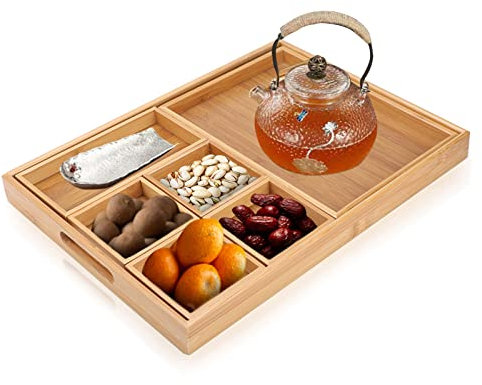 Plateau de rangement en en bois combiné, Plateau de Rangement Rectangulaire assiette à dîner réutilisable, assiettes carrées divisées pour thé à la maison, fruits secs, collation
