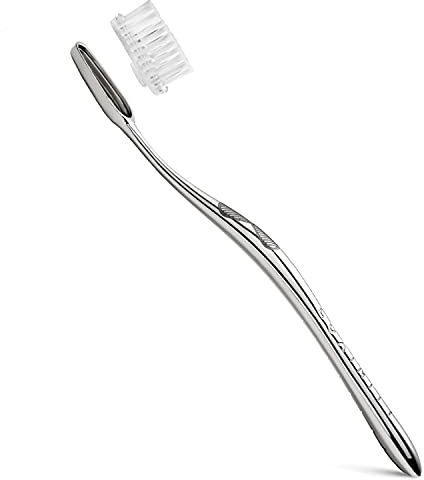 Luxinity Spazzolino da denti manuale in acciaio inox con testa intercambiabile – Starter set con 1 testina di setola media opaca, con incisione antiscivolo