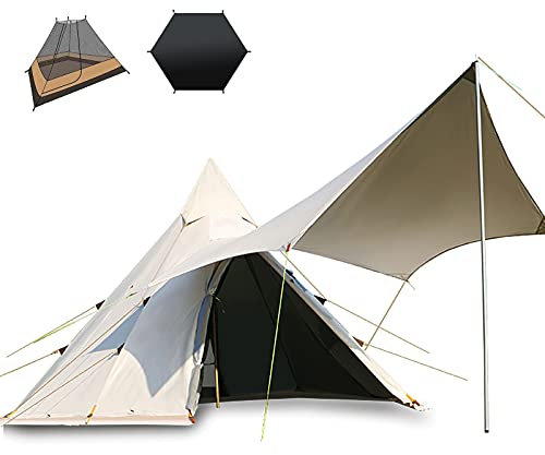 Campingzelt Familienzelt Baumwolle, 4 Person Pyramide Runde Glockenzelt Baumwolle Jurte Glockenzelt Wasserdicht mit Reißverschluss für Alle Jahreszeiten Glamping Family Outdoor,Weiß