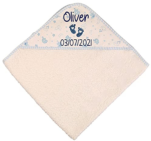 Alwaystrusted Personalised Gift Blue Elephant Baby Hooded Towel Blue Glitter Heart Feet Name and Date Boy AT-SB56-16-RB