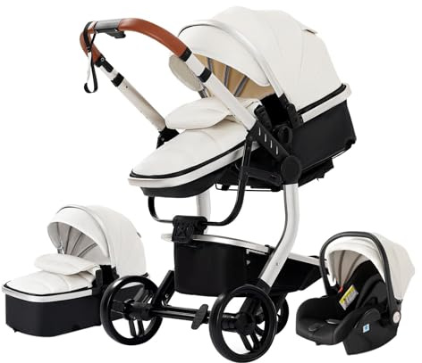 Magic ZC PU-Leder Kinderwagen 3 in 1, Kombikinderwagen 3 in 1 Komplettset mit Umkehrbarem Zwei-Wege-Schub, Buggy mit Zubehör Hohe Landschaft, Faltbarem Tragbarem One-Click-Design (518 White)