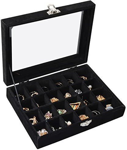 Catime 24 Grilles Boite a Bijoux en Velours, Détachable Boîte Vitrine à Bijoux,Boite Rangement Bague avec Compartiments,Couvercle Transparent Plateau Présentation Bijoux (Noir)