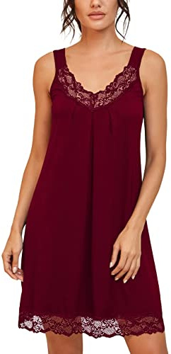 PrinStory Dam lösa fulla slips spets nattklänning chemise nattkläder bomullsjersey underkläder, Vinrött, L