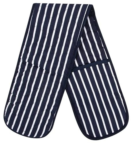 Navy Oven Gloves for Kitchen Baking and Cooking, Professional Heavy Duty Butchers Stripe Double Oven Gloves for Pot Pan Tray, Navy Heat Resistant Oven Gloves