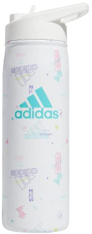 adidas 600 ML (20 oz) Straw Top Metal Water Bottle, Hot/Cold Double-Walled Insulated 18/8 Stainless Steel, Icon Brand Love White/White/Flash Aqua Blue, 20 Ounces