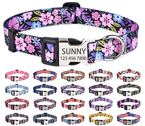 Mihqy Personalisierte Hundehalsbänder mit Eingraviertem Namen und Telefonnummer, 10 Colors& 4 Größen für Kleine, Mittlere und Große Hunde(Rosa Blume,S)
