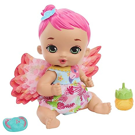 Mattel MY GARDEN BABY Flamingo - Interaktive Puppe mit Flügeln und Jasminduft, inklusive Fläschchen, Stoffwindel und Schnuller, für Kinder ab 3 Jahren, HPD12