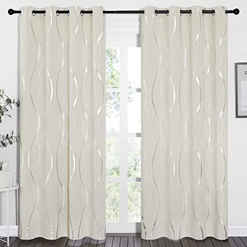PONY DANCE Thermal Door Curtains 84 Inch Drop - Blackout Energy Saving Silver Wave Line Foil Printed Black out Curtains with Eyelet Window Drapes for Living Room, 52 Inch Wide, Light Beige, 2 Panels